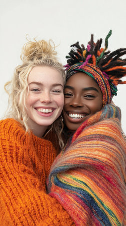 Two women are happily embracing, wearing vibrant knitted sweaters and head wraps. Their joyful expressions and colorful clothing create a warm and welcoming atmosphere.の素材