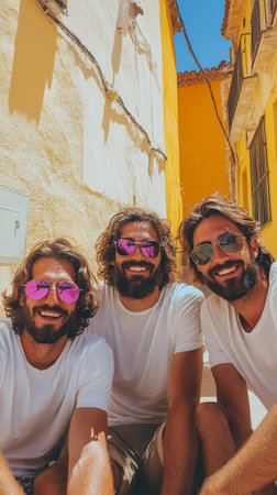 Three friends laugh and pose for a casual picture in front of a vibrant yellow wall. They wear matching white t shirts and colorful sunglasses, enjoying a warm day together.の素材