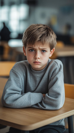 A young boy sits at a desk in a classroom, arms crossed and a serious expression on his face. Other students are blurred in the background, focusing on their tasks.の素材
