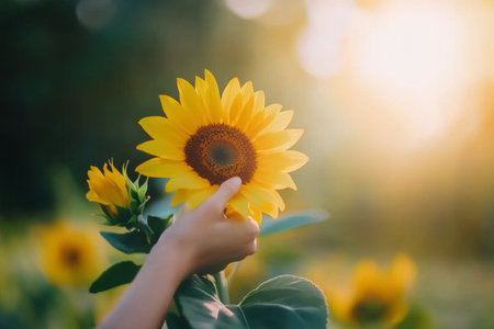 A single sunflower stands tall, illuminated by the soft light of twilight. Surrounding flowers gently fade into the background, creating a peaceful atmosphere. Nature thrives in this quiet moment.の素材