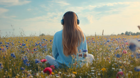 A woman sits peacefully in a field filled with vibrant flowers, wearing headphones. She enjoys the beauty of nature while immersed in music under a clear sky.の素材