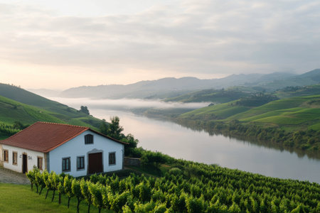 A peaceful riverside house stands on a gentle slope, overlooking a calm river and rolling hills. The early morning light casts a soft glow on the landscape, enhancing the serene atmosphere.の素材
