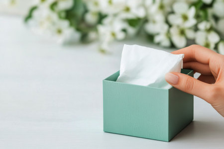A hand is gently pulling a tissue from a teal colored box placed on a white table. The setting appears serene and minimalistic with soft lighting, suggesting a cozy atmosphere.の素材
