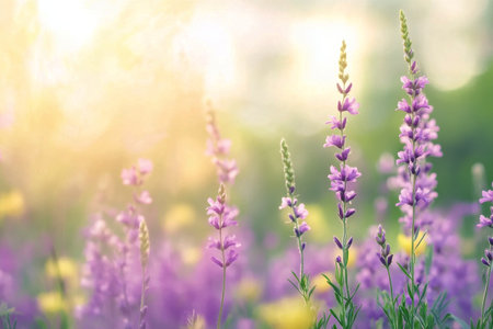 A vibrant field filled with purple lupines and yellow buttercups showcases the beauty of spring. Soft sunlight highlights the blooming flowers against a distant mountain backdrop.の素材