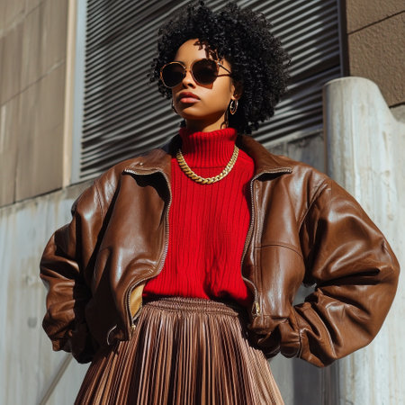 A woman showcases her fashion sense by wearing a brown leather jacket over a red sweater paired with a pleated skirt. She poses in an urban environment, exuding confidence and style.の素材