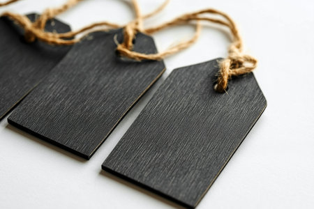 A collection of rustic black tags connected by twine is neatly arranged on a flat surface. These tags are ideal for labeling items or use in various craft projects.の素材