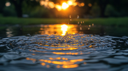 Green leaves with droplets of water are spread across a damp forest floor, illuminated by gentle morning sunlight filtering through the trees. A tranquil atmosphere prevails.の素材