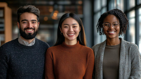 Three individuals stand close together, smiling confidently. They are in a cozy setting with soft lighting, showcasing a friendly atmosphere. The people appear engaged and approachable.の素材