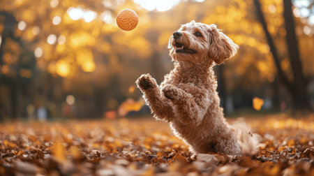 A lively brown dog joyfully sprints across a green grassy area in a park. The sunlight casts a warm glow while the dog radiates happiness, showcasing playful energy.の素材