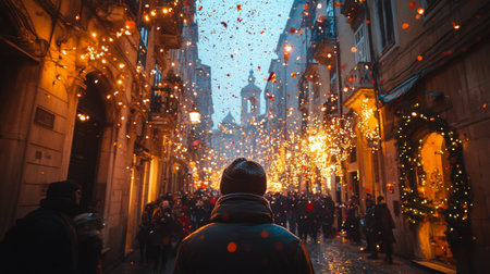 A bustling street is filled with people celebrating surrounded by bright lights and colorful confetti. The atmosphere is lively and joyful, with a historic backdrop adding charm.の素材