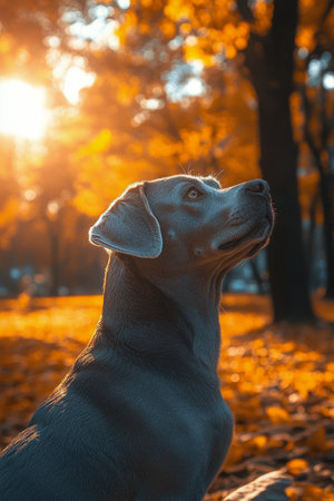 A small dog with a white and brown coat sits on a stone, gazing thoughtfully as the sun sets. Autumn leaves surround the area, creating a warm and peaceful atmosphere.の素材