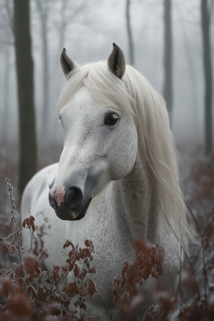 A beautiful white horse stands quietly in a fog covered forest. Surrounding plants have turned autumn colors, enhancing the serene atmosphere. The horses long mane flutters gently in the breeze.の素材