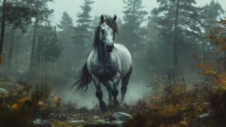 A majestic white horse runs vigorously through shallow water surrounded by tall trees. The golden light filters through the leaves, creating a serene and magical atmosphere.の素材