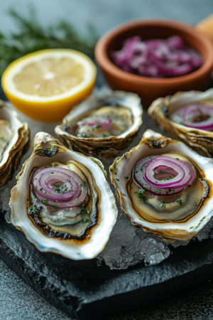 Savory oysters are elegantly presented on a black slate platter, garnished with thin slices of red onion and lemon halves, creating a delightful culinary experience.の素材