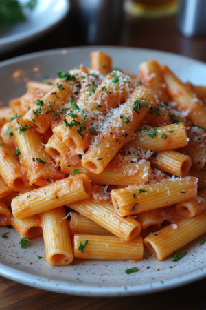 A wooden board is elegantly displaying uncooked spaghetti, neatly arranged and garnished with vibrant green basil leaves. Fresh ingredients are scattered around for added flair.の素材
