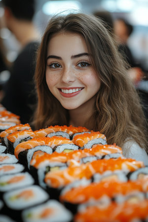 A young woman with light hair and bright eyes happily holds a bowl of sushi while smiling. The atmosphere is warm and inviting, emphasizing a relaxed lunch experience.の素材