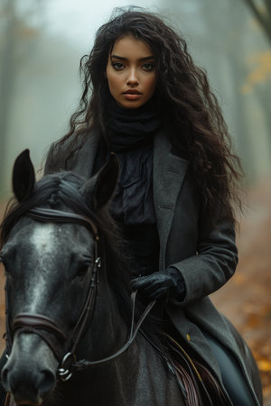 A young woman with long curly hair sits confidently on a black horse in a foggy forest. Dressed in a stylish coat and scarf, she gazes forward, blending with the autumn atmosphere.の素材
