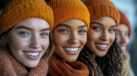 Five friends are enjoying a joyful moment together outdoors. They are dressed in orange hats and scarves, showcasing warm smiles against a backdrop of autumn colors.の素材