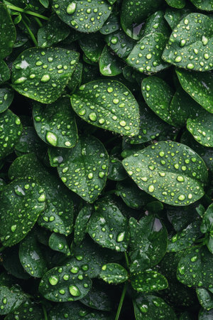 Lush green grass blades stand tall, adorned with shimmering droplets of water, reflecting morning sunlight.の素材
