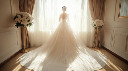 A bride stands gracefully by a window, illuminated by soft sunlight. The elegant wedding dress cascades around her, creating a serene and romantic atmosphere enhanced by floral arrangements.の素材