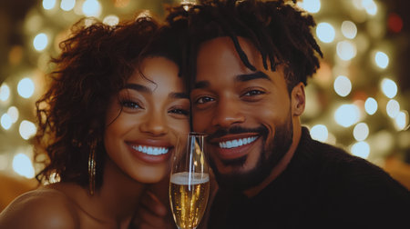 A man and woman toast with champagne flutes in a warm, decorated environment filled with lights. They share smiles during a joyful celebration, surrounded by a holiday atmosphere.の素材