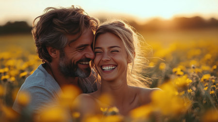 A couple shares laughter while surrounded by vibrant sunflowers under a warm sunset sky. Their expressions convey love and happiness in a beautiful natural setting.の素材