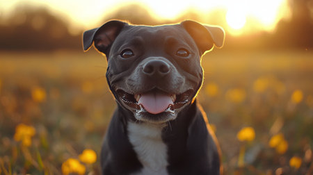 A joyful dog sits in a vibrant field filled with blooming flowers, enjoying the golden light of a sunset. The scene captures a moment of peace and happiness in nature.の素材