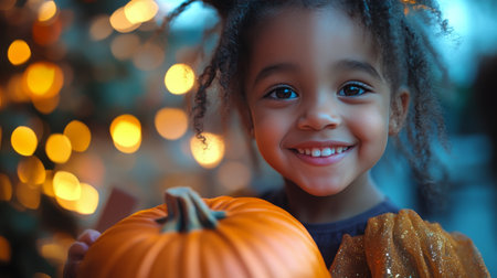 A joyful child dressed in warm autumn attire smiles brightly while holding a carved pumpkin with a cheerful face. Twinkling lights decorate the background, highlighting the festive atmosphere.の素材