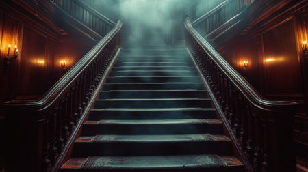 The dimly lit stairway in an abandoned structure creates an eerie atmosphere, with blue fog shrouding the steps, evoking a sense of mystery and intrigue. Shadows loom, enhancing the haunting vibe.の素材