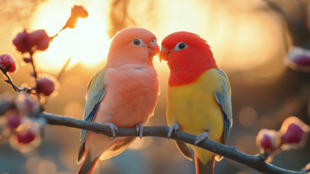 Two bright parrots with orange and green feathers sit close together on a branch, highlighting their colorful plumage against a glowing sunset background that creates a warm atmosphere.の素材