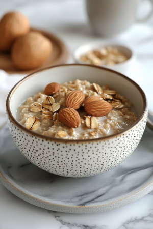 A cozy bowl of oatmeal features whole almonds and rolled oats as toppings, placed on a marble surface with a cup and a small bowl of oats in the background.の素材