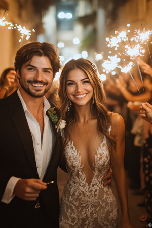 This joyful couple smiles brightly as they hold sparklers, surrounded by friends and family in an urban street at night. The atmosphere is filled with love and celebration.の素材