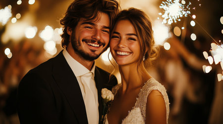 A couple beams with happiness during their wedding celebration, surrounded by twinkling lights and joyful attendees. The night is illuminated with sparkling lights, creating a magical atmosphere.の素材