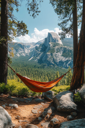 A cozy hammock is suspended between two tall trees, providing a perfect spot to relax. The backdrop features lush greenery and majestic mountains under a clear blue sky.の素材