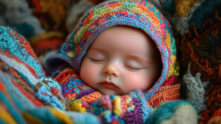 A baby sleeps soundly, wrapped in a vibrant, knitted blanket and hat. The intricate patterns of the colorful fabric create a warm and comforting atmosphere, perfect for rest.の素材