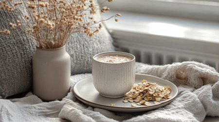 A soothing breakfast setup features a cup of tea alongside a plate of oats, placed on a soft blanket. Dried flowers in a vase add a touch of tranquility to the scene.の素材