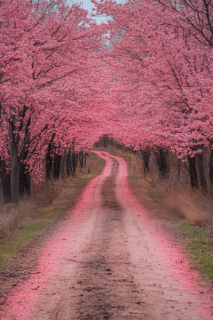 A serene dirt road lined with vibrant pink cherry blossom trees creates a picturesque landscape. The soft colors of spring fill the scene with peace and tranquility.の素材