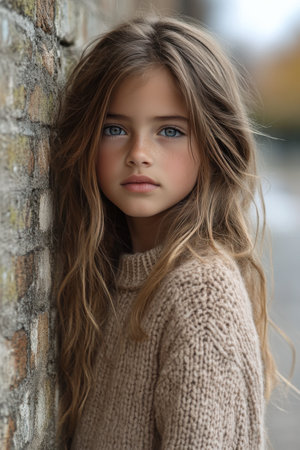 A young woman with wavy brown hair and natural makeup leans against a wooden window frame. She wears a light blue hoodie and gazes thoughtfully at the vibrant coastal town in the background.の素材