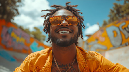 A young man sits outdoors, wearing sunglasses and an orange shirt, smiling wide against a colorful graffiti wall. Lush trees and blue skies complement the vibrant urban scene.の素材