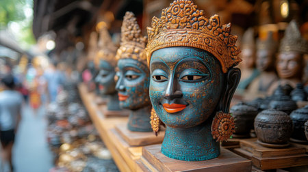 Intricate sculptures of deities are showcased in a bustling outdoor market. The vibrant colors and details attract visitors exploring the artisanal offerings in the background.の素材