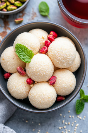 A bowl filled with round sweet dessert balls garnished with pomegranate seeds and mint leaves. The setting features a light colored surface and a cup of tea in the background.の素材