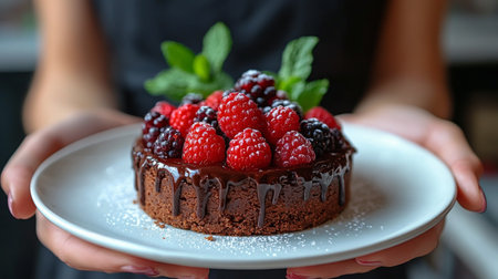 A beautifully crafted chocolate cake is presented on a plate, garnished with fresh strawberries, blueberries, and raspberries.の素材