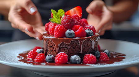 A beautifully crafted chocolate cake is presented on a plate, garnished with fresh strawberries, blueberries, and raspberries.の素材