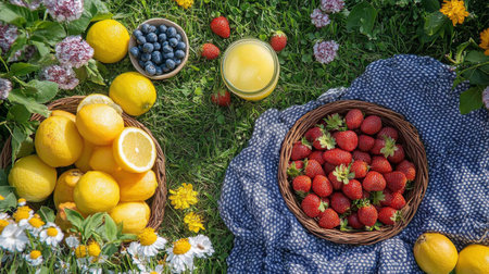 Two refreshing fruit drinks sit next to a wicker basket filled with a variety of fresh fruits. Sunlight filters through the trees, illuminating the vibrant colors of the scene.の素材