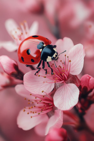 A ladybug with distinct black spots crawls on delicate pink cherry blossom flowers. The setting features a dreamy blue background, enhancing the vibrant colors of nature.の素材