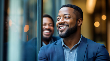 Two men share a joyful moment in a well lit office space, engaging in lighthearted conversation. Both are dressed in smart business attire, reflecting a friendly workplace atmosphere.の素材