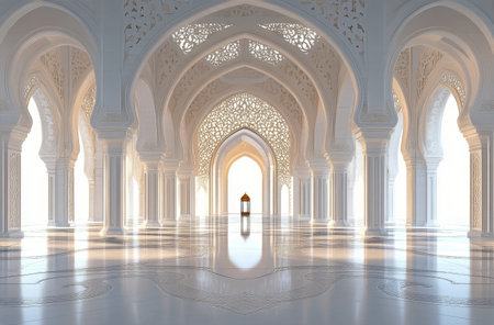 An expansive hall features stunning white architectural design with detailed arches and golden light fixtures. The serene atmosphere highlights the beauty of the space and its intricate patterns.の素材