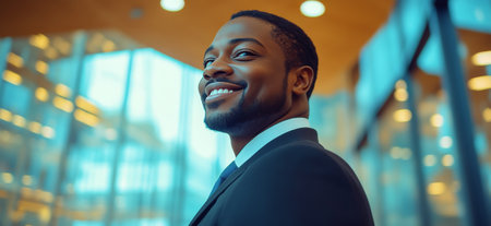 A well dressed man with a warm smile stands confidently in a contemporary office environment. Sunlight streams through large windows, creating an inviting atmosphere that enhances his professionalism.の素材