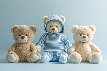 Three adorable teddy bears are arranged in a soft blue room. One bear wears a striped outfit, while the others sit closely, creating a warm and inviting atmosphere perfect for kids.の素材