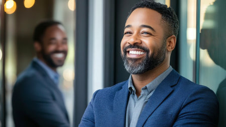 Two men share a joyful moment in a well lit office space, engaging in lighthearted conversation. Both are dressed in smart business attire, reflecting a friendly workplace atmosphere.の素材